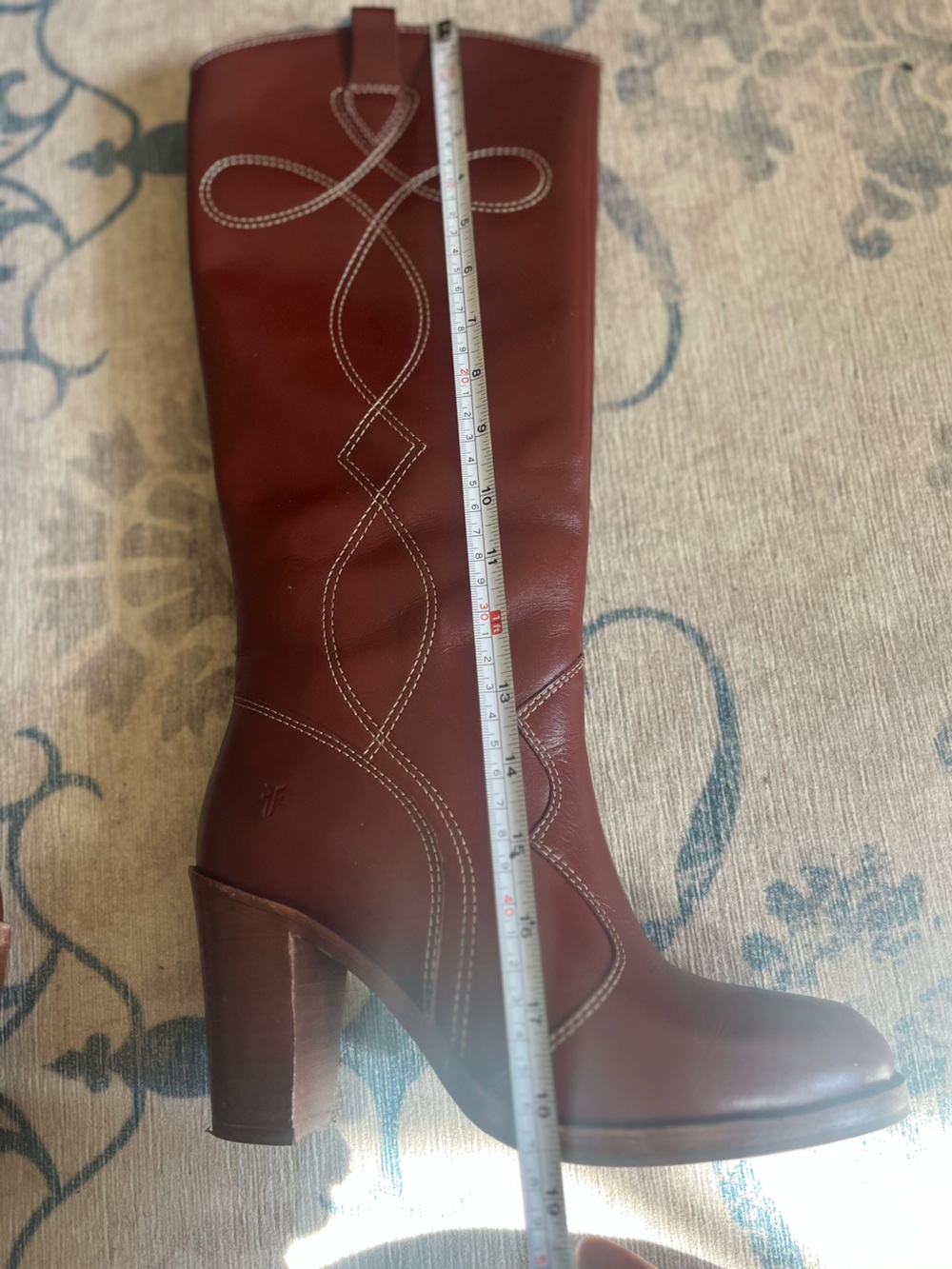 FRYE AND CO. Corinne Tall Deco Stitch Burgundy Leather Knee-High Heeled Boots - Picture 10 of 10